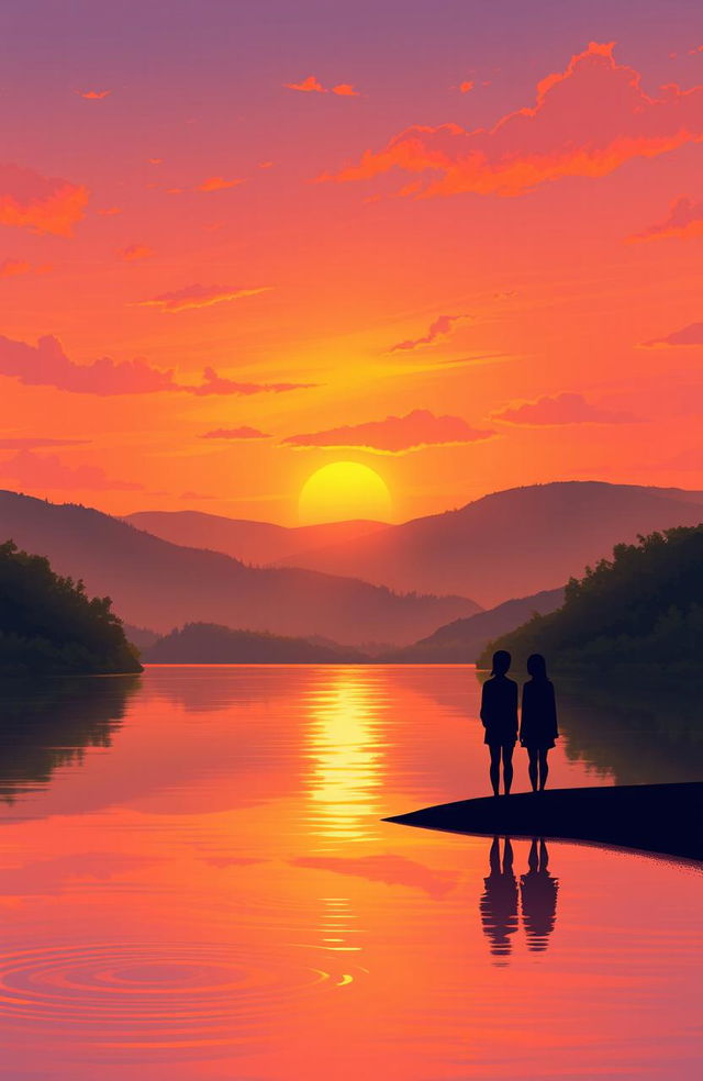 A serene landscape depicting a tranquil sunset over a calm lake, with a silhouette of two figures standing on the shore gazing at the horizon