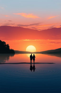 A serene landscape depicting a tranquil sunset over a calm lake, with a silhouette of two figures standing on the shore gazing at the horizon