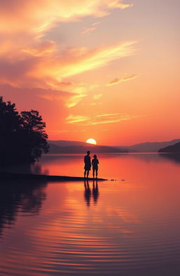 A serene landscape depicting a tranquil sunset over a calm lake, with a silhouette of two figures standing on the shore gazing at the horizon