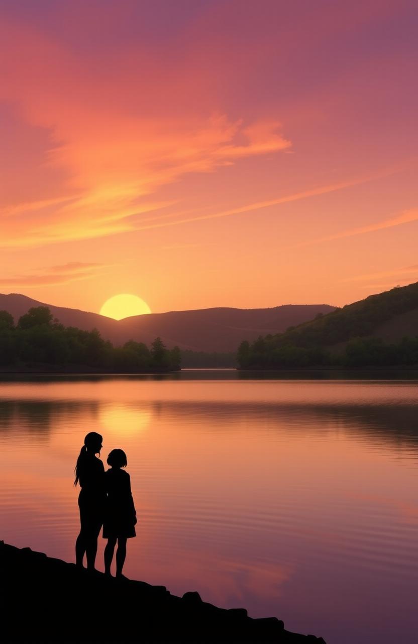 A serene landscape depicting a tranquil sunset over a calm lake, with a silhouette of two figures standing on the shore gazing at the horizon