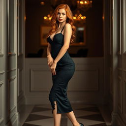 A stunning 18-year-old redhead woman wearing a super sexy cocktail dress with an elegant silhouette