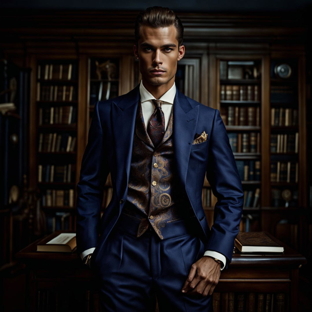 Male model in an old money outfit for a Vogue editorial shot. He's wearing a navy three-piece suit with gold accents, set against the backdrop of a luxurious mansion library.