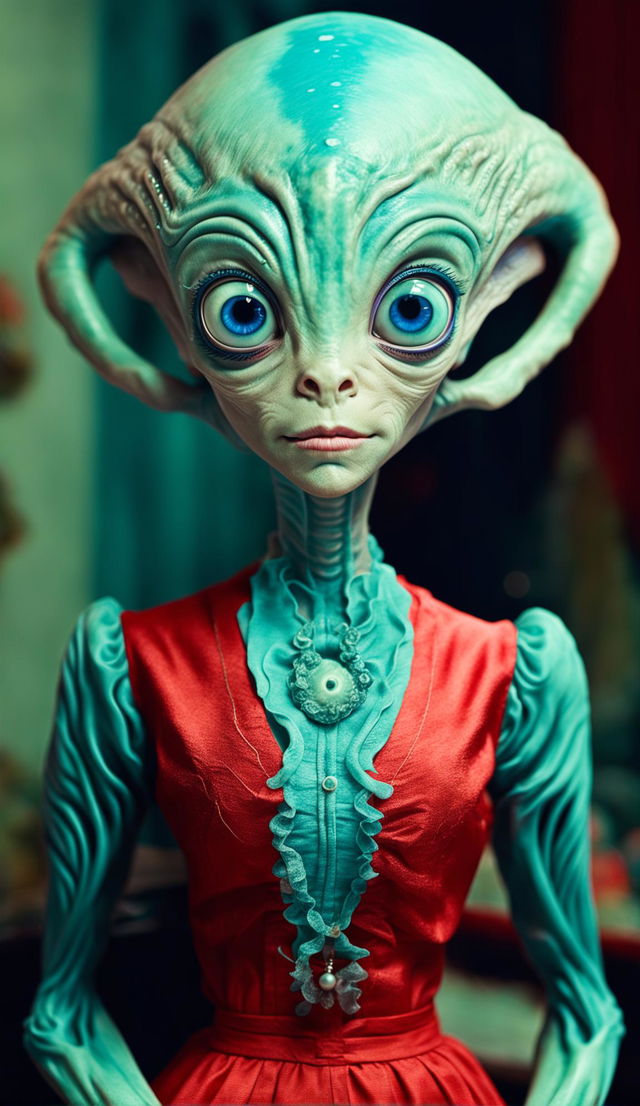 Cyan-skinned alien with large eyes and purple irises, wearing a red 1950s dress and a housewife style wig, captured in high-resolution using a Canon EOS 5DS and an 85mm f/1.2 lens.