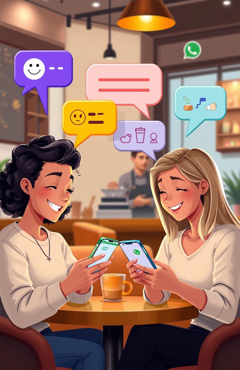 A visually appealing concept illustration of two people chatting on WhatsApp on their smartphones