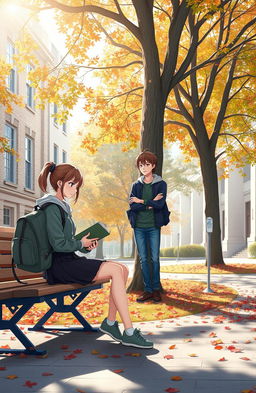 A scene depicting a college girl and boy separated by a noticeable distance on a university campus, each engaged in their own activities