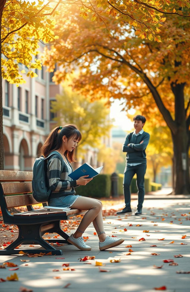 A scene depicting a college girl and boy separated by a noticeable distance on a university campus, each engaged in their own activities