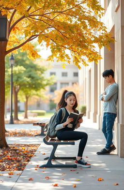 A scene depicting a college girl and boy separated by a noticeable distance on a university campus, each engaged in their own activities