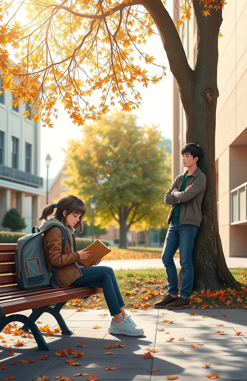 A scene depicting a college girl and boy separated by a noticeable distance on a university campus, each engaged in their own activities