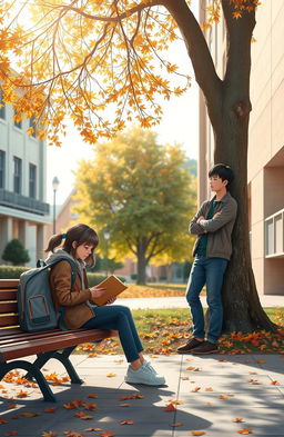 A scene depicting a college girl and boy separated by a noticeable distance on a university campus, each engaged in their own activities