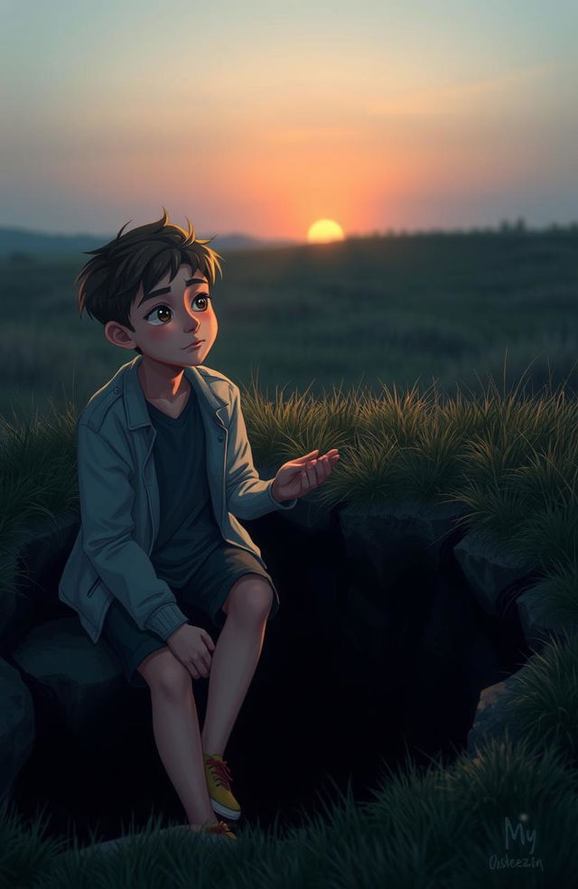 An emotional scene depicting a transgender teenager feeling lost and vulnerable, sitting at the edge of a dark, deep well symbolizing their mental struggles