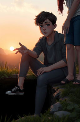 An emotional scene depicting a transgender teenager feeling lost and vulnerable, sitting at the edge of a dark, deep well symbolizing their mental struggles