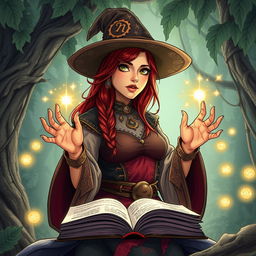 Un dibujo de una mujer humana maga para una hoja de personajes de D&D, con largo cabello rubio suelto