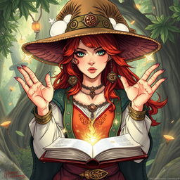 Un dibujo de una mujer humana maga para una hoja de personajes de D&D, con largo cabello rubio suelto
