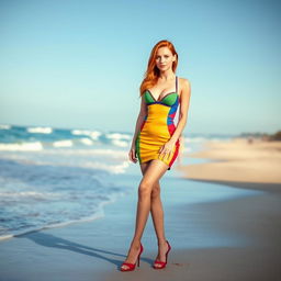 An attractive 18-year-old redhead on the beach, dressed in a sleek and sexy cocktail dress that is short and colorful, accentuating her figure