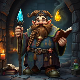 A fantastical scene featuring a fat dwarf wizard-cleric character