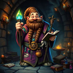 A fantastical scene featuring a fat dwarf wizard-cleric character