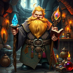 A fantastical scene portraying a fat dwarf wizard-cleric character with a striking blonde beard