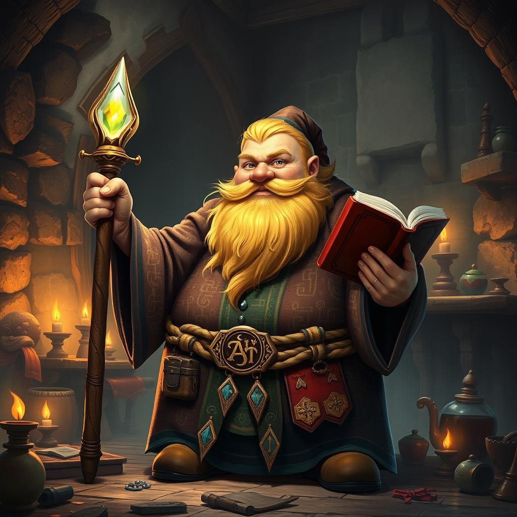 A fantastical scene portraying a fat dwarf wizard-cleric character with a striking blonde beard