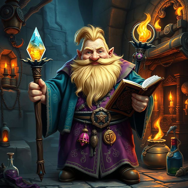 A fantastical scene portraying a fat dwarf wizard-cleric character with a striking blonde beard