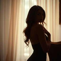 A beautiful and alluring woman, gracefully posed with confidence, the focus on her elegance and charm