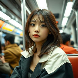A candid shot of a super sexy Korean girl around 18 years old, confidently enjoying her time on public transport