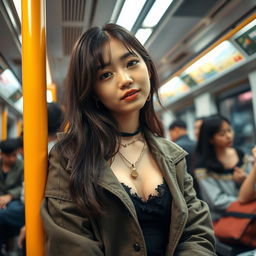 A candid shot of a super sexy Korean girl around 18 years old, confidently enjoying her time on public transport