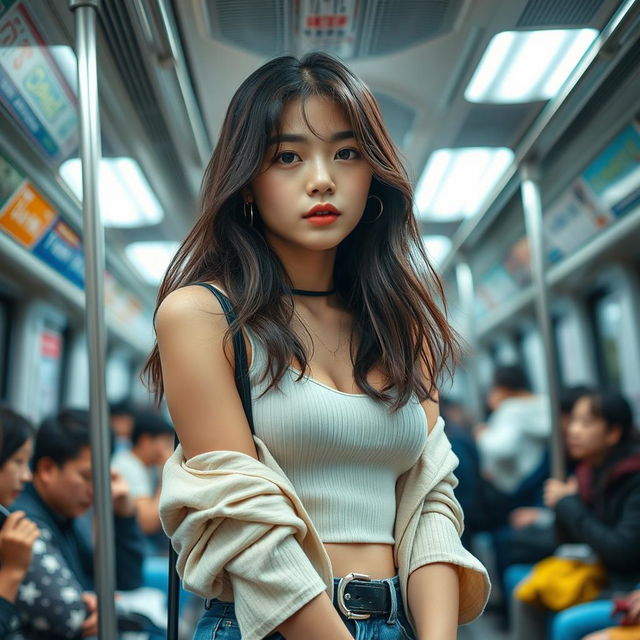 A candid shot of a super sexy Korean girl around 18 years old, confidently enjoying her time on public transport