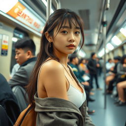 A candid shot of a super sexy Korean girl around 18 years old, confidently enjoying her time on public transport