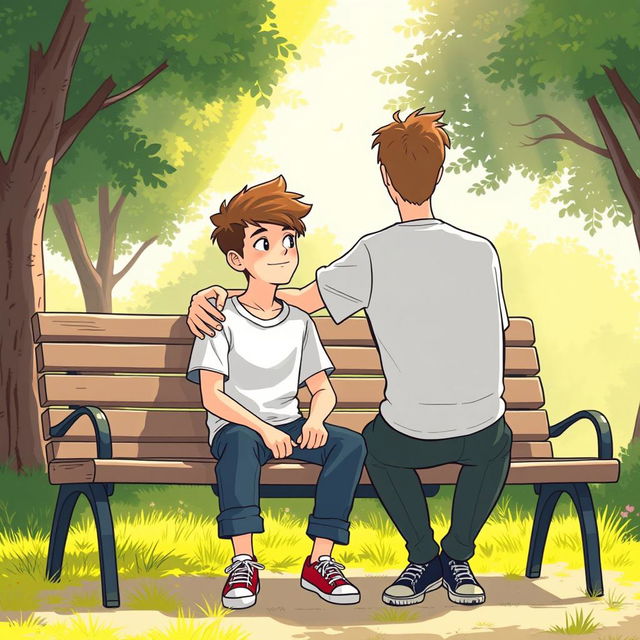 A heartfelt illustration depicting the journey of a transgender boy finding mental health resilience with the support of his male friend