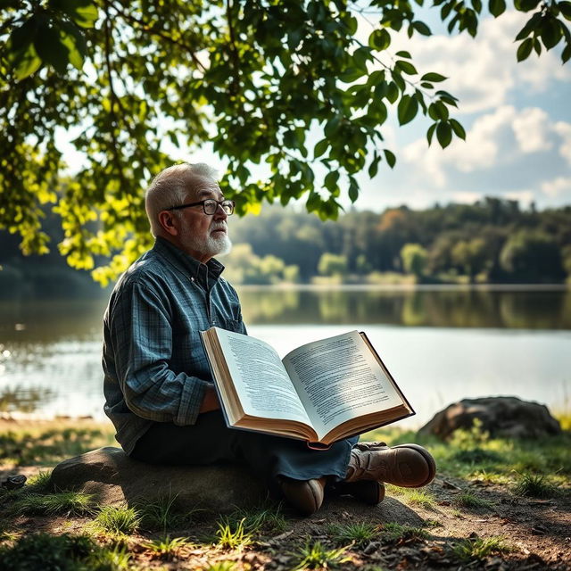 A serene outdoor setting featuring a solitary figure in deep contemplation, surrounded by lush greenery and a tranquil lake reflecting the sky