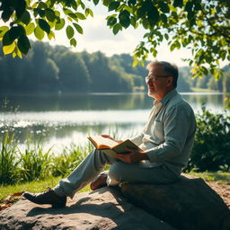 A serene outdoor setting featuring a solitary figure in deep contemplation, surrounded by lush greenery and a tranquil lake reflecting the sky