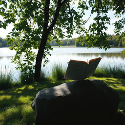 A serene outdoor setting featuring a solitary figure in deep contemplation, surrounded by lush greenery and a tranquil lake reflecting the sky