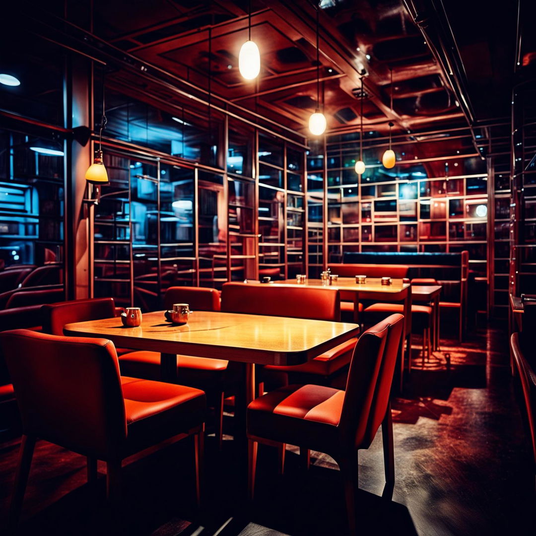 Ultra-high-definition photograph of a perfectly designed, trendy night cafe focusing solely on the seating area, devoid of people, with intricate details, intense lighting effects, and immaculate composition, akin to a cinematic scene or an intense magazine photoshoot.