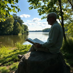 A serene outdoor setting featuring a solitary figure in deep contemplation, surrounded by lush greenery and a tranquil lake reflecting the sky