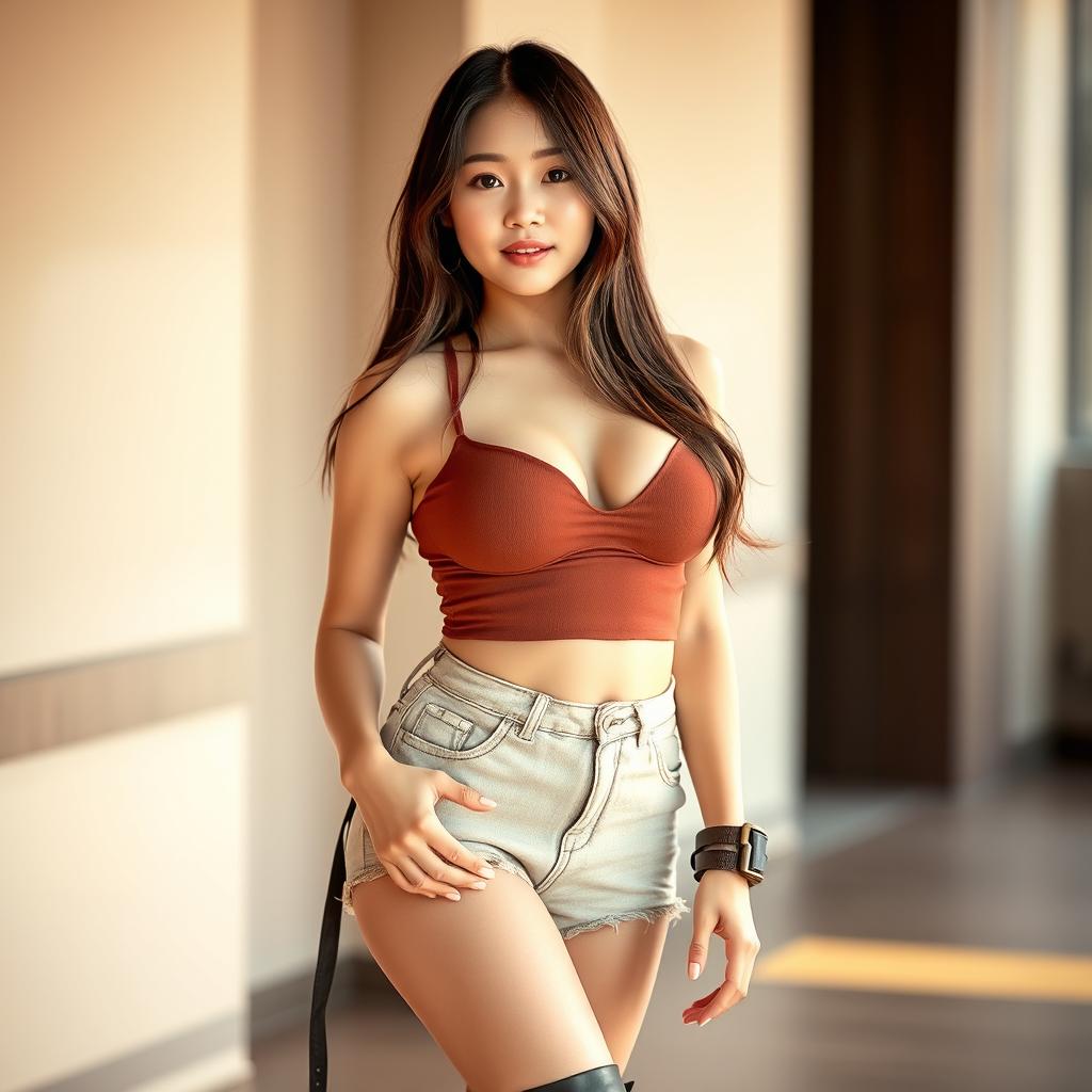 A stunningly attractive 18-year-old Korean girl with perfect round boobs, dressed in a casual yet sexy outfit that accentuates her figure