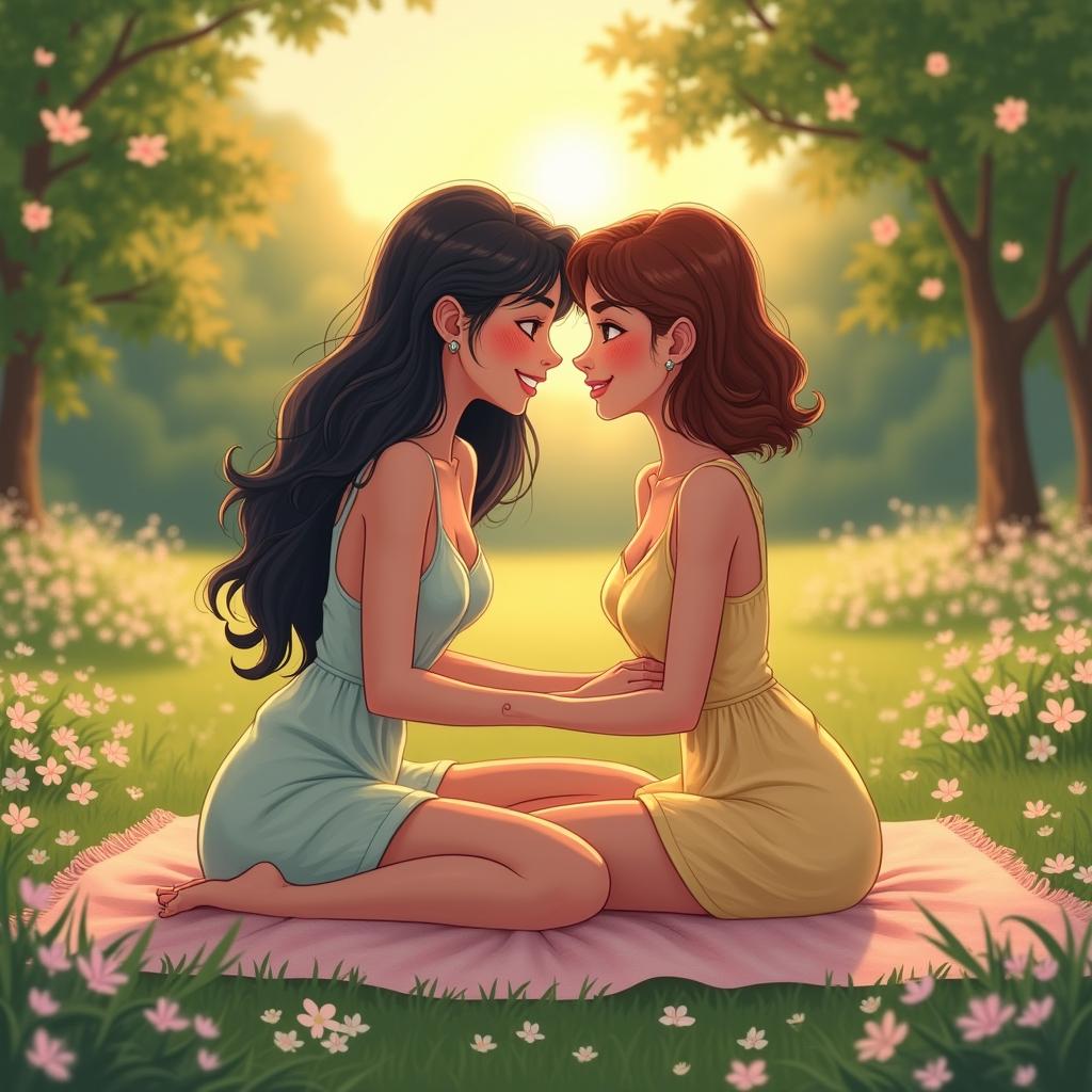 A beautiful, romantic illustration of two women in a soft, dreamy setting, sharing a tender moment together