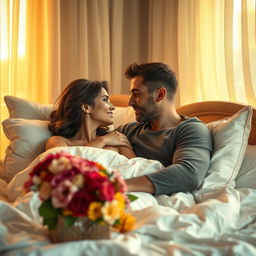 A romantic scene featuring a couple in a cozy bedroom, sharing an intimate moment in bed