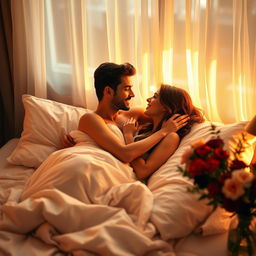 A romantic scene featuring a couple in a cozy bedroom, sharing an intimate moment in bed