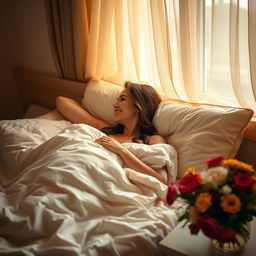 A romantic scene featuring a couple in a cozy bedroom, sharing an intimate moment in bed