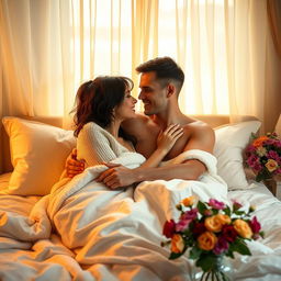 A romantic scene featuring a couple in a cozy bedroom, sharing an intimate moment in bed