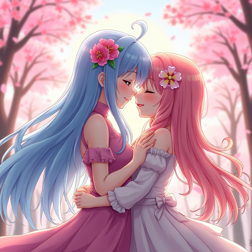 A vibrant and colorful yuri-themed illustration featuring two beautiful anime girls embracing each other in a passionate yet romantic way