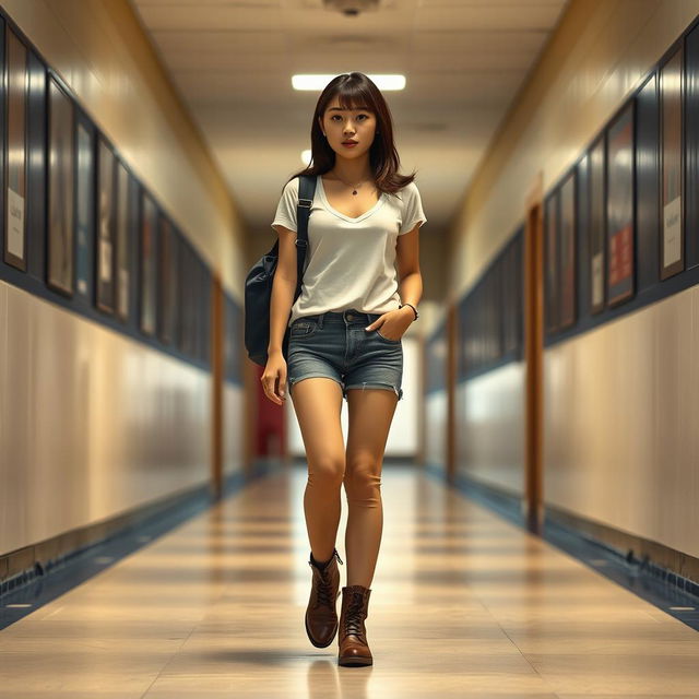 A candid photograph capturing everyday life in a school setting, featuring an 18-year-old Korean girl with attractive features