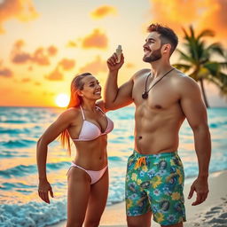 A playful scene featuring a beautiful woman in a stylish bikini on an exotic beach, playfully engaging with a man wearing swim trunks