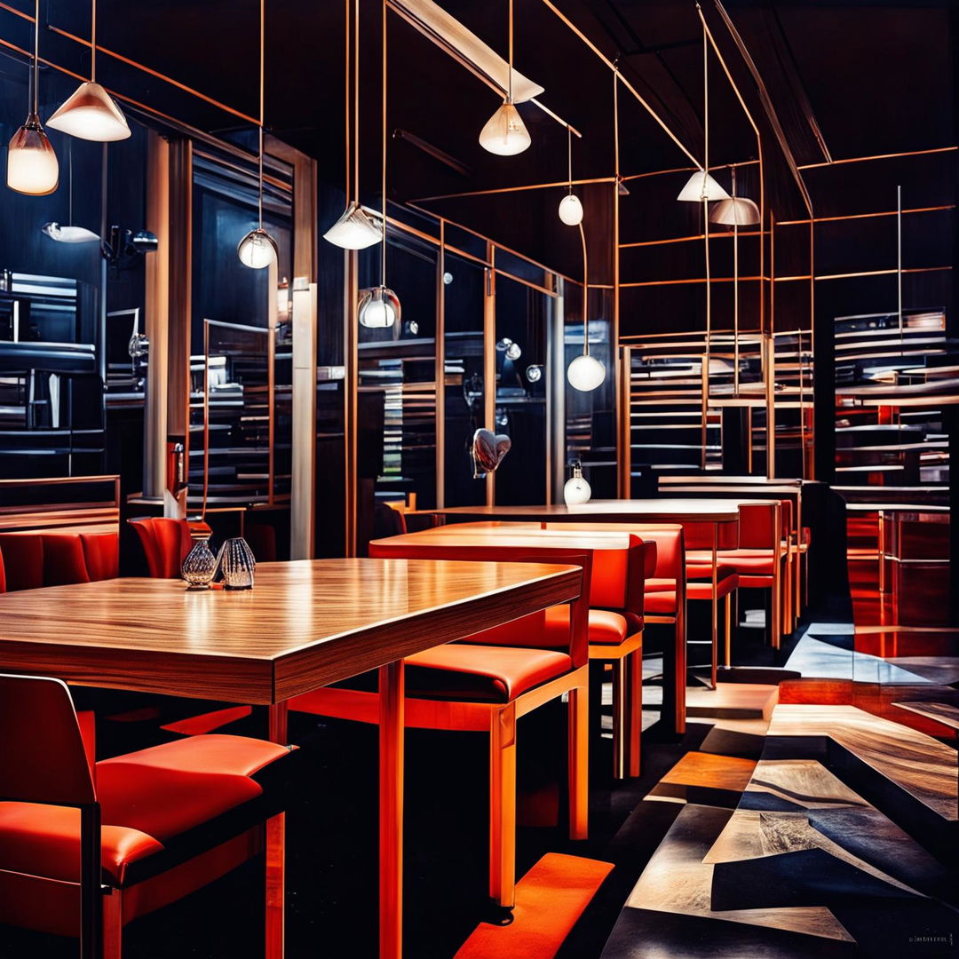 Ultra-high-definition photograph of a pristine, trendy night cafe with a minimalist aesthetic, focusing solely on the seating area, devoid of people, with intricate details, intense lighting effects, and immaculate composition, akin to a cinematic scene or an intense magazine photoshoot.