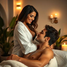A sultry scene set in a luxurious spa featuring a confident woman in an intimate setting with soft, ambient lighting