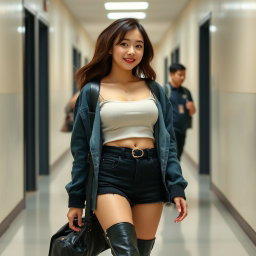 A candid photo capturing everyday life at school, featuring a stunning 18-year-old Korean girl with perfectly round curves