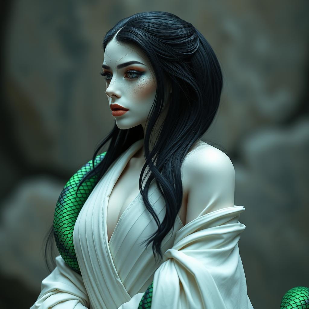 A regal and elegant snake woman exuding grace and determination, featuring soft pale white skin beautifully dotted with an abundance of shadow black and neon green scales