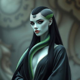 A regal and elegant snake woman exuding grace and determination, featuring soft pale white skin beautifully dotted with an abundance of shadow black and neon green scales