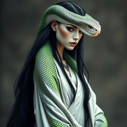 A regal and elegant snake woman exuding grace and determination, featuring soft pale white skin beautifully dotted with an abundance of shadow black and neon green scales