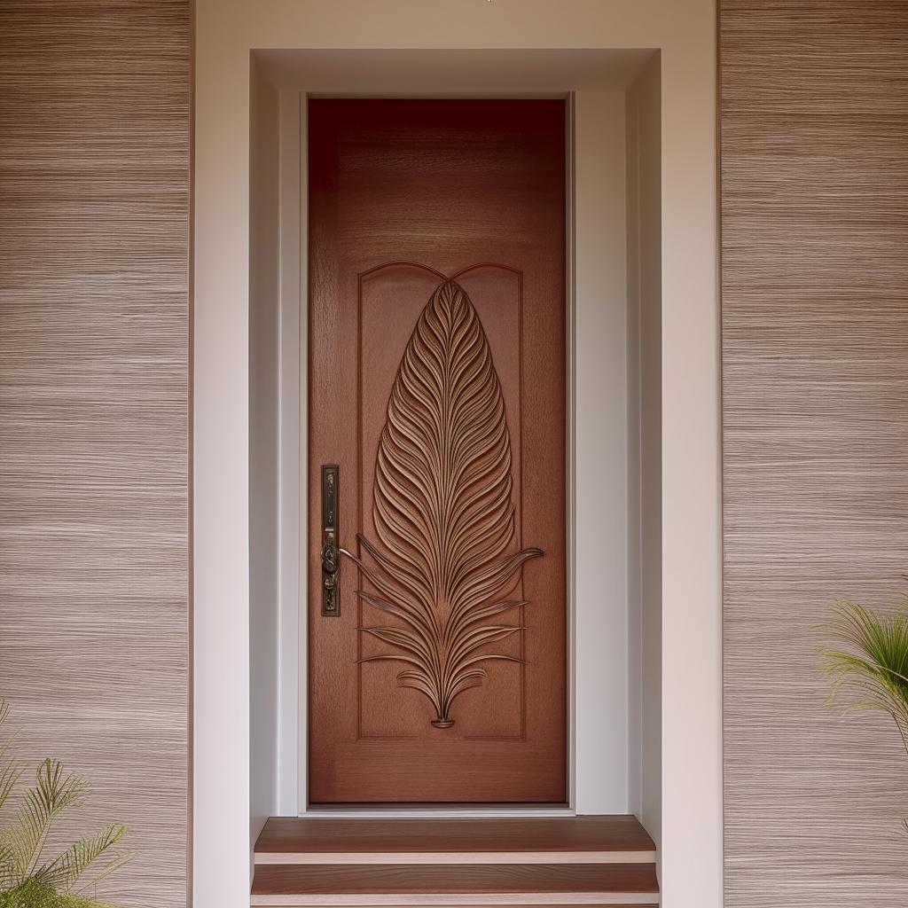 An elegant house main door, intricately designed with a peacock feather motif